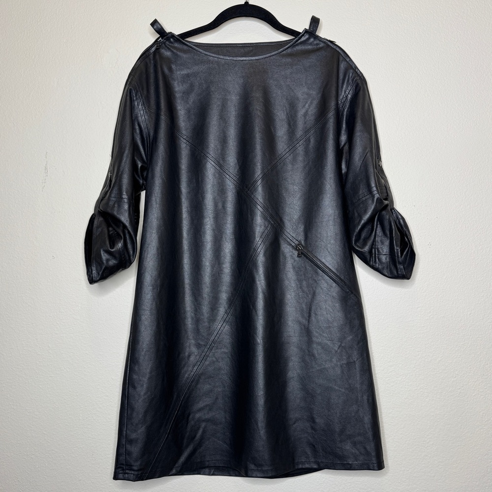 BCBG Max Azria Black Faux Leather Zip Sleeve Dress Size S